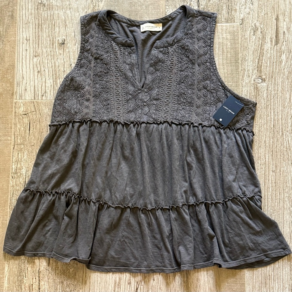 Lucky Brand Charcoal Sleeveless Tiered Babydoll Shirt